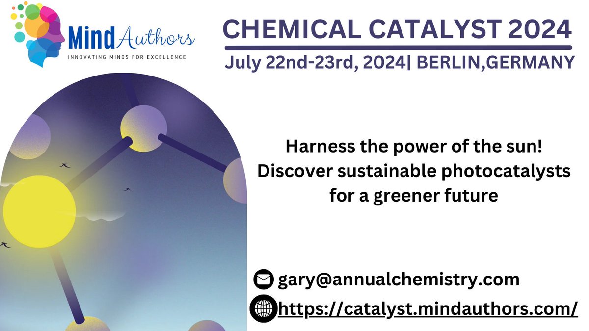 Harness the power of the sun! Discover sustainable photocatalysts for a greener future. Join #ChemicalCatalyst2024 at Berlin #Germany during July 22-23, 2024.
visit official website catalyst.mindauthors.com
#CatalysisConferences #CatalystConference #Catalysis #Energy #USA #Japan