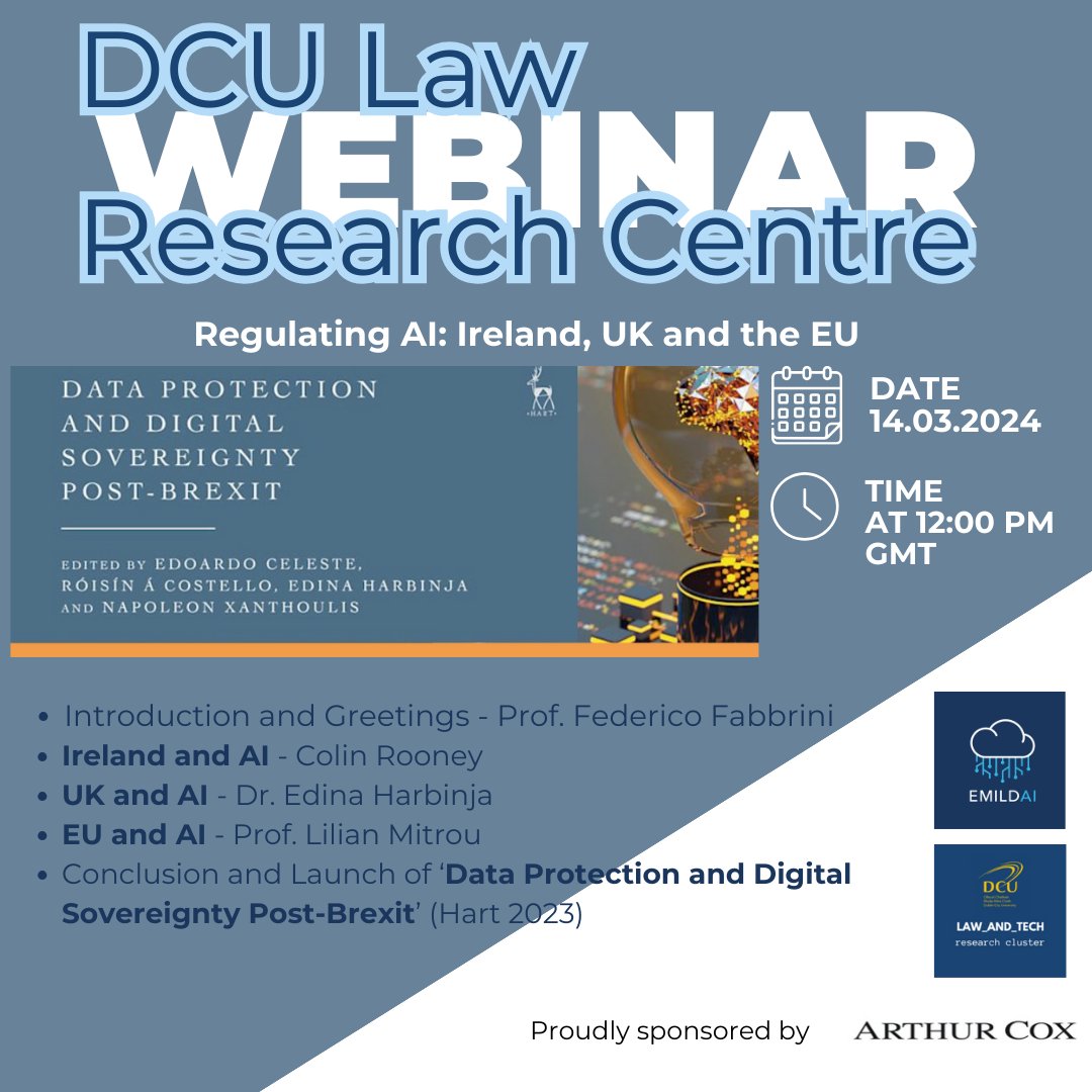 Save the date! Join DCU Law Research Centre Webinar: "Regulating AI: Ireland, UK, and the EU" on March 14, 2024, 12-1 pm GMT on Zoom. 🌐 Explore AI regulation with expert insights. Don't miss this deep dive into the regulatory landscape of AI! dcu-ie.zoom.us/meeting/regist…