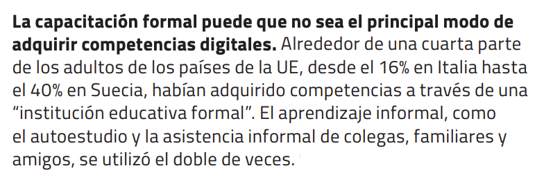 Otra maravilla que encontramos en el #InformeGEM2023 es esta afirmación. En la adquisición de competencias digitales, los adultos preferimos aquellos medios de formación informales frente a oportunidades formales. Esto es: prefiero ser yo mismo/a quien busque y encuentre ➡️