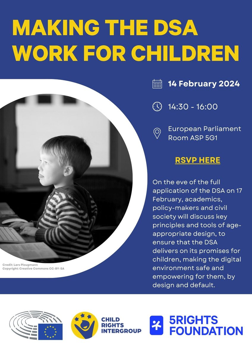 5Rights Foundation (@5rightsfound) on Twitter photo 🔔Join us tomorrow for a panel on “Making the Digital Services Act Work for Children" to discuss key provisions for children, and best practices & standards
Organised by <a href="/Childmanifesto/">Child Rights Intergroup European Parliament</a> & <a href="/5RightsFound/">5Rights Foundation</a>
🕝14th Feb, 14:30 CET, EP Room ASP 5G1
📺YouTube live:youtube.com/watch?v=kTV5nH… 🔔Join us tomorrow for a panel on “Making the Digital Services Act Work for Children" to discuss key provisions for children, and best practices & standards
Organised by <a href="/Childmanifesto/">Child Rights Intergroup European Parliament</a> & <a href="/5RightsFound/">5Rights Foundation</a>
🕝14th Feb, 14:30 CET, EP Room ASP 5G1
📺YouTube live:youtube.com/watch?v=kTV5nH…