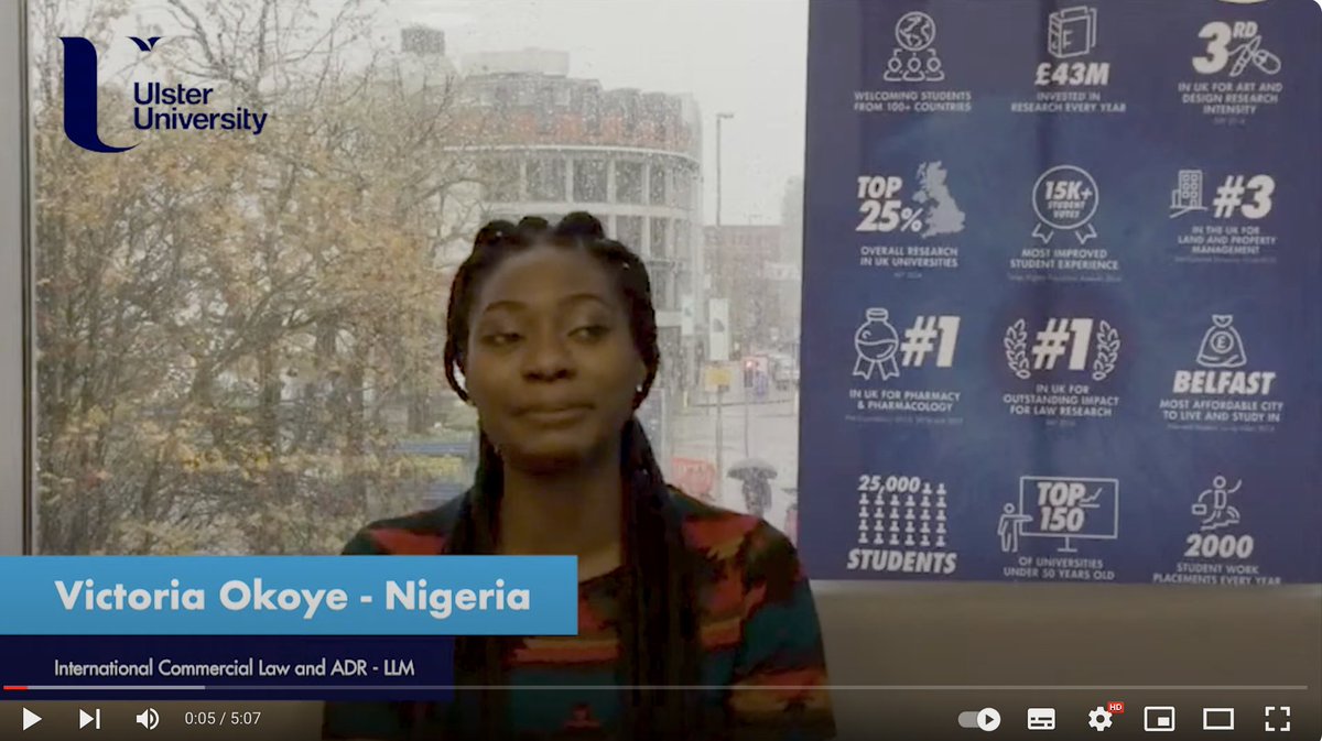 Thinking of boosting your career with a specialist masters programme? Listen to Victoria Okoye speak about her experience on the LLM in International Commercial Law and ADR at Ulster. youtube.com/watch?v=2-AEs7…