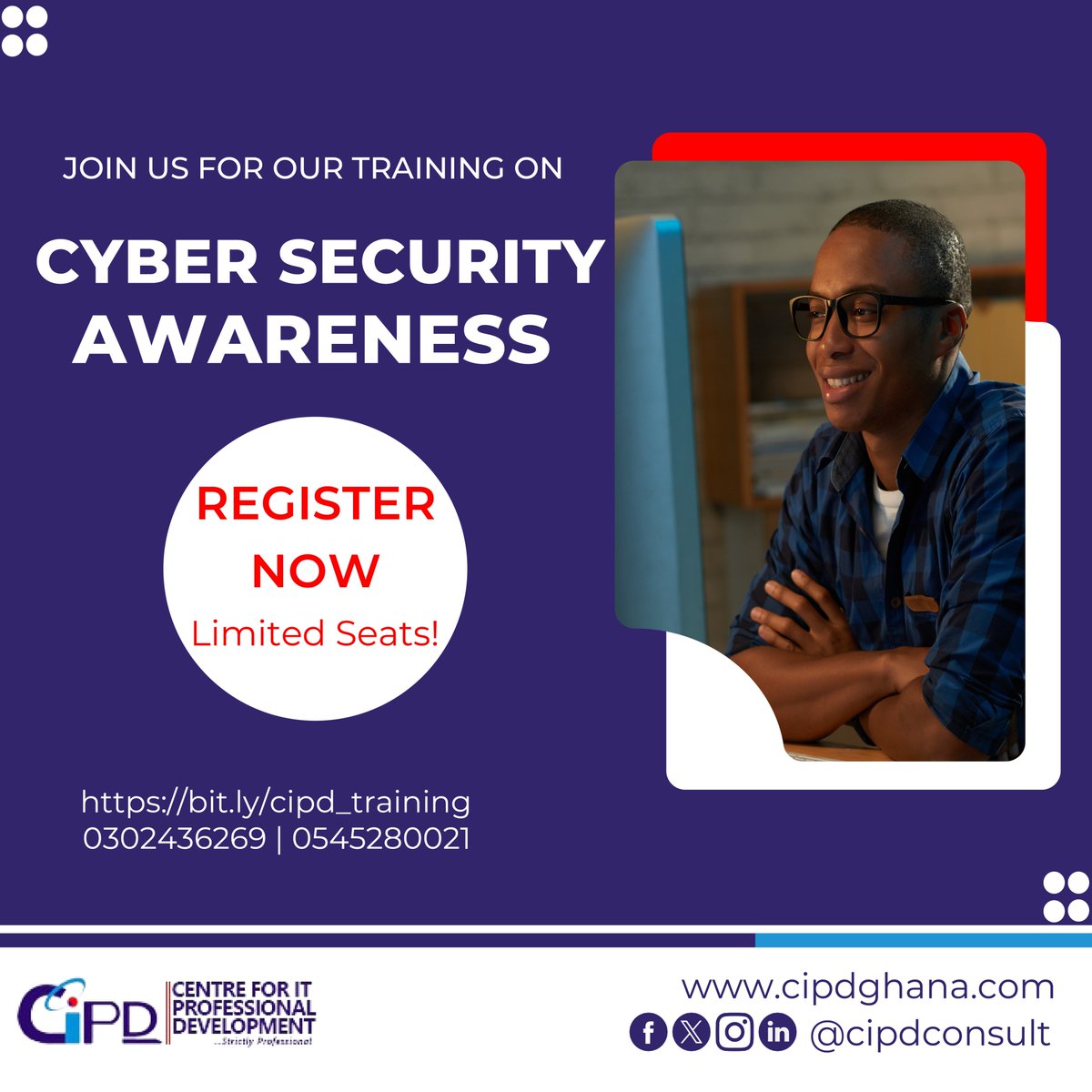 CipdConsult's tweet photo. By popular request, our Cyber Security Awareness training will be repeated. The training is scheduled for Wednesday, February 21 to Friday, February 23, 2024. Don't miss this session if you missed the previous session. Click on https://t.co/wZBfcWZqHX or call 0302436269/ https://t.co/8WgBB0RFpm