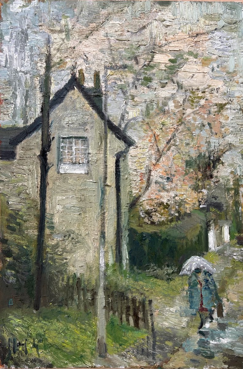 Wet blossoms, Shrewbridge road. 16x24.5 inches (image). Oil on board.