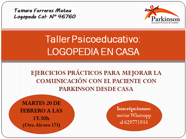 parkinson_cs's tweet photo. 📌Segundo #tallerpsicoeducativo del año: "LOGOPEDIA EN CASA: ejercicios prácticos para realizar en el domicilio🏠", impartido por nuestra logopeda Tamara.

💥Inscripciones:  Whatsapp al 629771933📞

¡Os esperamos!

#parkinson #logopeda #tallerpsicoeducativo #logopediaencasa https://t.co/CHOqUtDBZx