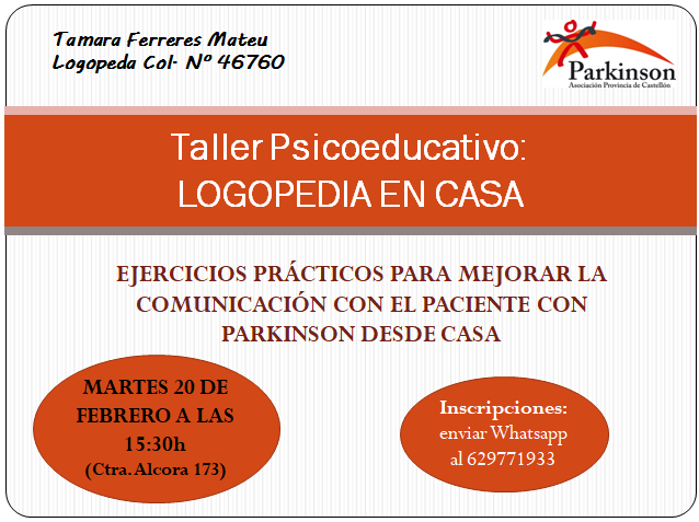 📌Segundo #tallerpsicoeducativo del año: 'LOGOPEDIA EN CASA: ejercicios prácticos para realizar en el domicilio🏠', impartido por nuestra logopeda Tamara. 💥Inscripciones: Whatsapp al 629771933📞 ¡Os esperamos! #parkinson #logopeda #tallerpsicoeducativo #logopediaencasa