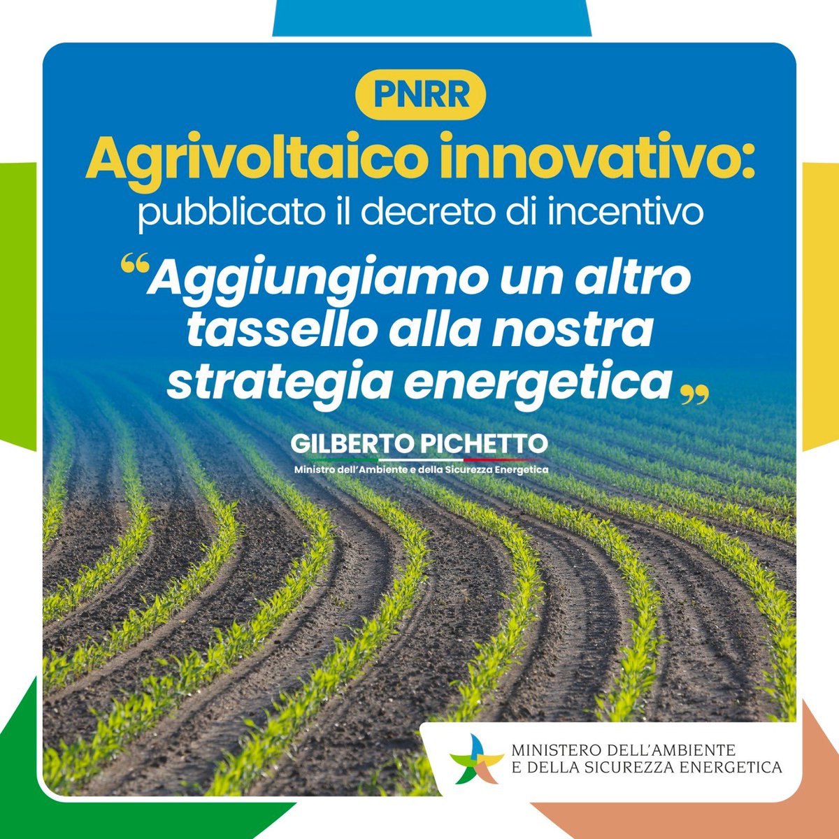 MASE_IT's tweet photo. 🌱 PER #DECARBONIZZARE, MIGLIORANDO LA REDDITIVITÀ DEI SUOLI
📣 È stato pubblicato, sul sito del @MASE_IT il decreto che promuove la realizzazione di sistemi agrivoltaici innovativi.
Leggi di più: https://t.co/KE8aqeSinS https://t.co/mFMrPkdhLE