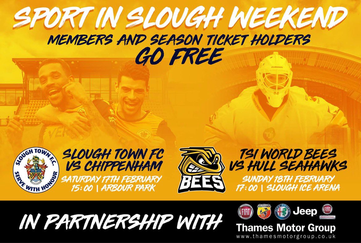 ⚽️ 𝗦𝗣𝗢𝗥𝗧 𝗜𝗡 𝗦𝗟𝗢𝗨𝗚𝗛 𝗪𝗘𝗘𝗞𝗘𝗡𝗗 🏒 The Bees team up with @sloughtownfc for new Sport in Slough Weekend initiative in partnership with @ThamesMotor Bees season ticket holders go free to this weekend’s STFC game! beesicehockey.com/sport-in-sloug…