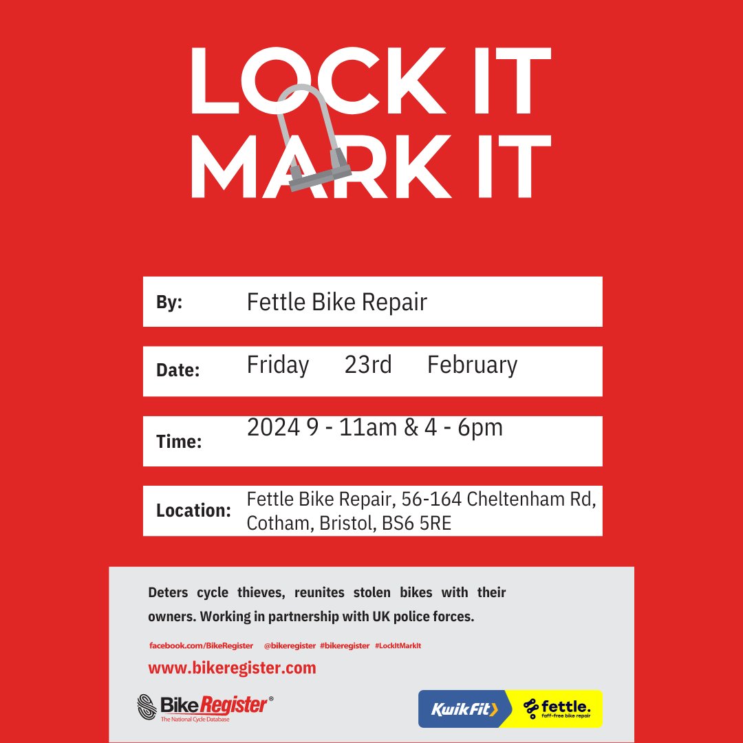 Fettle at Kwik Fit in BRISTOL has a treat for you! We're offering FREE BIKE MARKING to keep your wheels safe and sound 🛠️ Bike marking has proven to reduce theft by 83%, and in 2023, £600K worth of bikes were recovered and returned to owners! #BristolCycling #BikeMarking