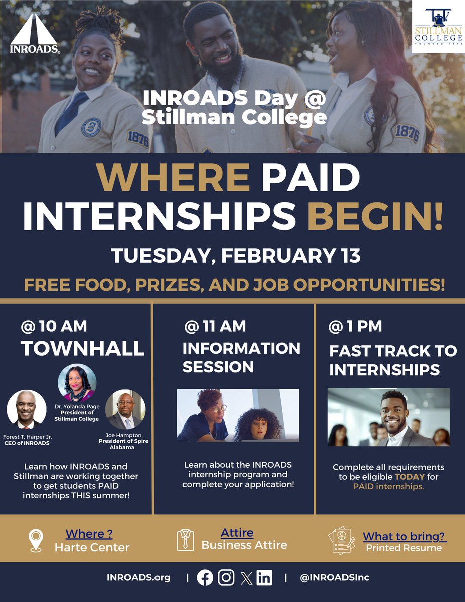 🗣️ ATTENTION @StillmanCollege students in Tuscaloosa, AL!

Join us for INROADS Day at Stillman, where you'll discover how you can get an internship THIS SUMMER by going through our program!

#StillmanCollege #PaidInternships #CareerOpportunities #Alabama #Collegejobs
