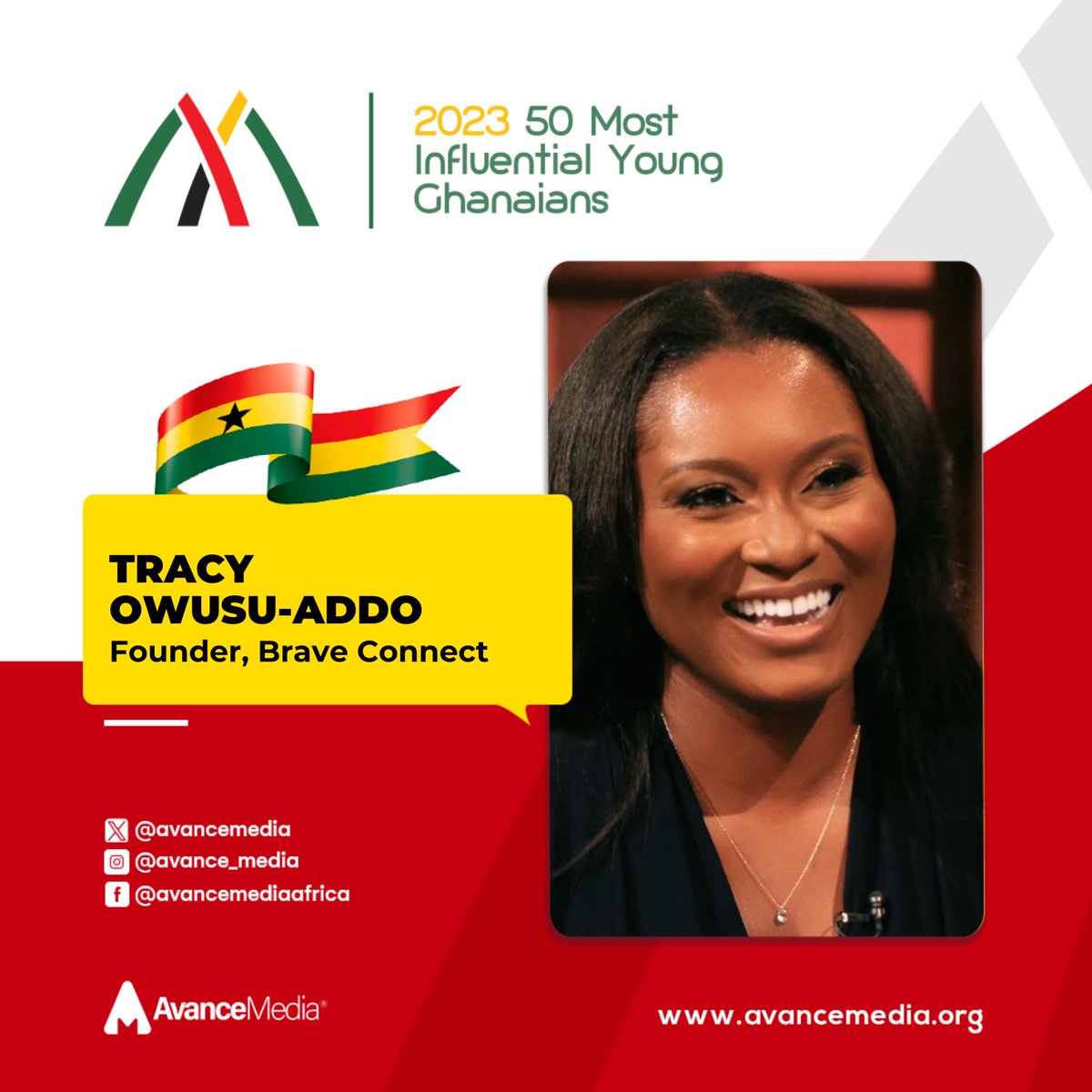 Thrilled to announce Tracy Owusu-Addo, CEO of BRAVE on making Avance Media's 2023 50 Most Influential Young Ghanaians list (9th Edition)! Huge Congrats @TracyOwusuAddo cc: @braveconnectgh avancemedia.org/miyg50 🇬🇭 #50MIYG #AvanceMedia #YoungGhanaians