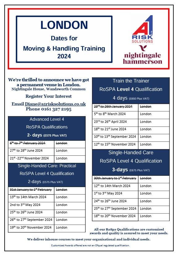 Did you miss out last year on the single-Handed /Optimal Handed Care training in London? Unfortunately the upskilling money only went so far We have secured an amazing venue see the dates: Register your interest and secure a slot admin@a1risksolutions.co.uk 0161 327 2195