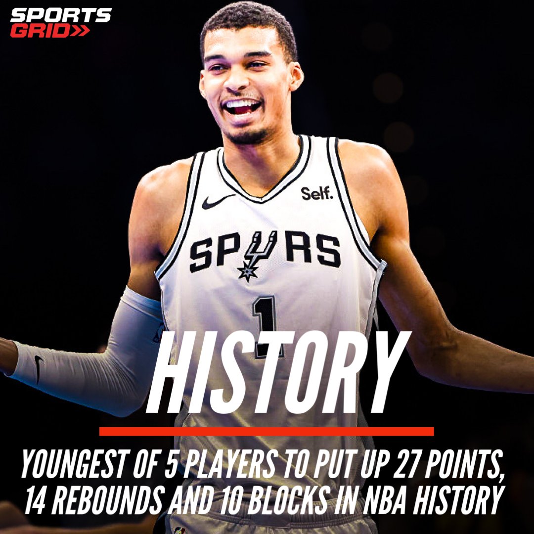 SportsGridTV's tweet photo. Wemby showed the Raptors no mercy last night with 27 points, 14 rebounds, 5 assists and 10 blocks 🤯

#GoSpursGo #NBA #NBARecord https://t.co/QUBXrknU8a