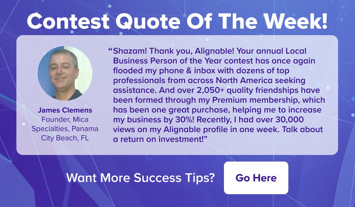 Did you see what James had to say about his experience on Alignable, so far? His business has jumped 30% &amp; he's made 2K+ friends. Be sure to check out his advice here: bit.ly/alignabletesti…. #smallbiz #contest #BusinessGrowth