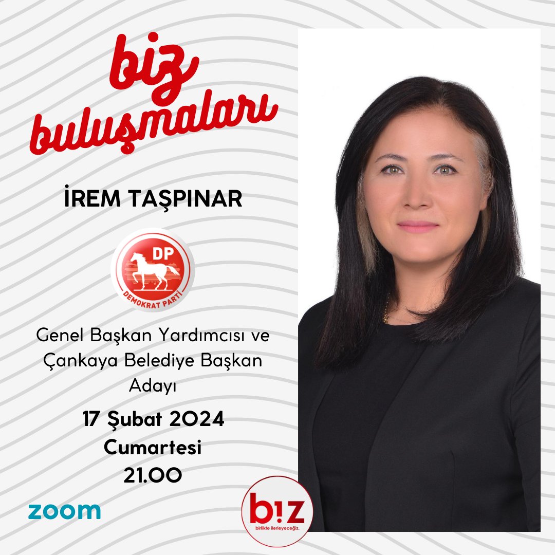 Sıradaki Biz Buluşmasında <a href="/_DemokratParti/">Demokrat Parti</a> Genel Başkan Yardımcısı ve Çankaya Belediye Başkan Adayı Sayın <a href="/DIremTaspinar/">İrem Taşpınar</a>'ı 17 Şubat 2024 Cumartesi günü saat 21.00'de misafir edeceğiz.  

Buluşmaya katılmak için aşağıdaki linkten formu doldurabilirsiniz. docs.google.com/forms/d/e/1FAI…