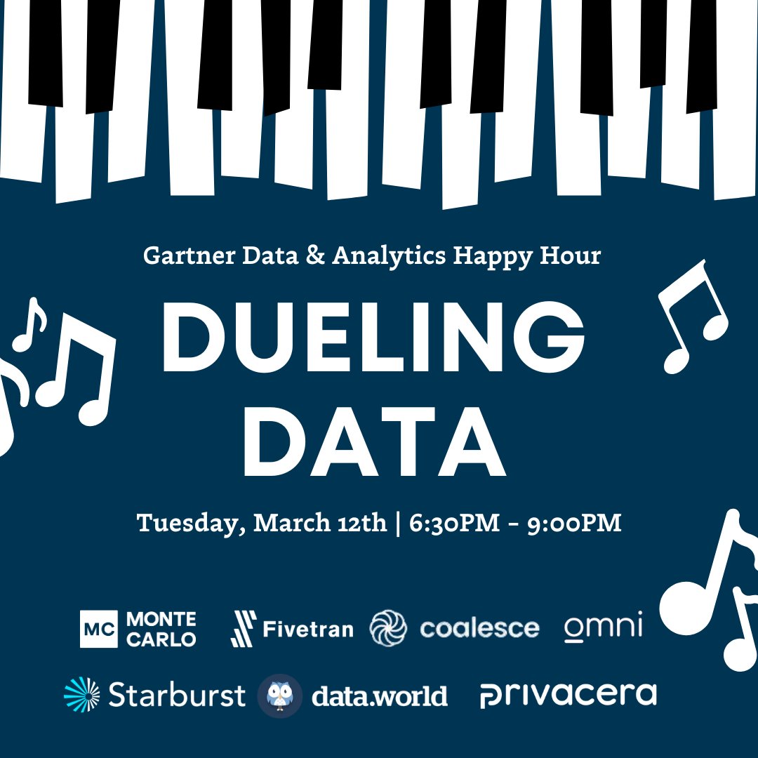 Are you heading to the #GartnerDA Summit in Orlando next month?

Join our data happy hour on March 12th for networking, dueling pianos, &amp; snacks 📊 🎹

Space is limited, so save your spot now 🎟️bit.ly/49zgB56