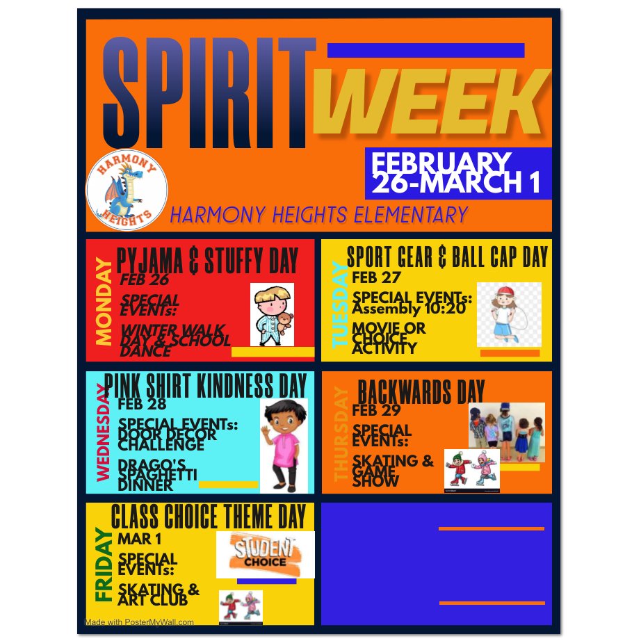 A fun week full of SCHOOL SPIRIT will be happening at the end of the month. Please return Drago's Spaghetti Dinner tickets on Feb 16th & skating forms as soon as possible. Thanks to Focus Group students who helped plan #SPIRITWEEK2024 #HomeoftheDragons #activekids #studentchoice