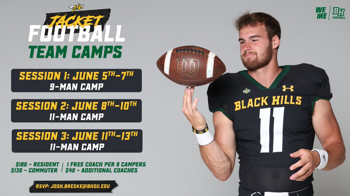 Best value for team camp in the region - ask around! Come #PlayInTheHills this summer with the BHSU Football Staff. For more info contact <a href="/BreskeJosh/">Coach Breske</a> or visit: …illsstatefootballcamps.totalcamps.com
#WEoverME 🐝🏈⛰️