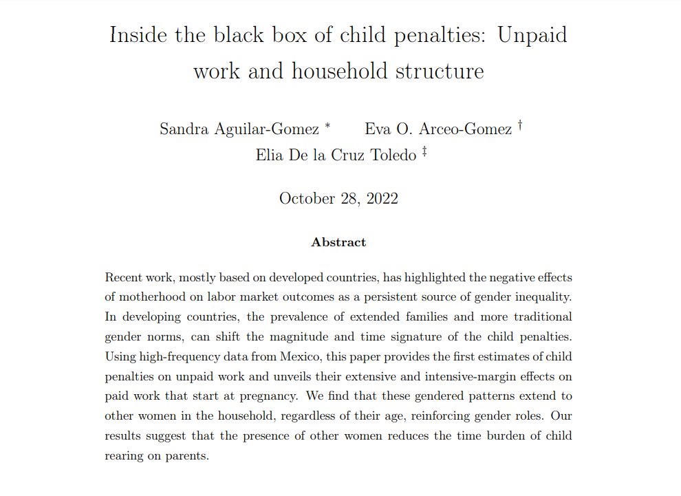 Having kids doesn't just affect moms: 'Women in the household, including girls and the elderly, experience a 5-10 hours increase in unpaid labor, depending on their age group. Meanwhile, boys and older men experience no change.' papers.ssrn.com/sol3/papers.cf… Evidence from Mexico