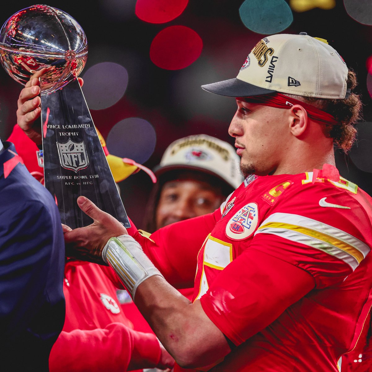 Chiefs's tweet photo. In six seasons as our starter, 15 has 15 playoff wins.

That's the 3rd most all-time... already. 

GREATNESS 🚀 @PatrickMahomes https://t.co/8g43lgBvVL