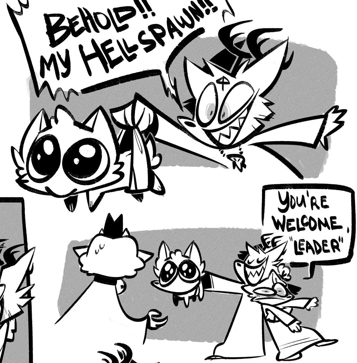 Bro COTL Core and Alastor just had a baby and it looks just like him?? like ear tufts and all and its just so HJSGFJSHGFslk 🥺
anyway here's them being horrible parents cuz ofc they are
