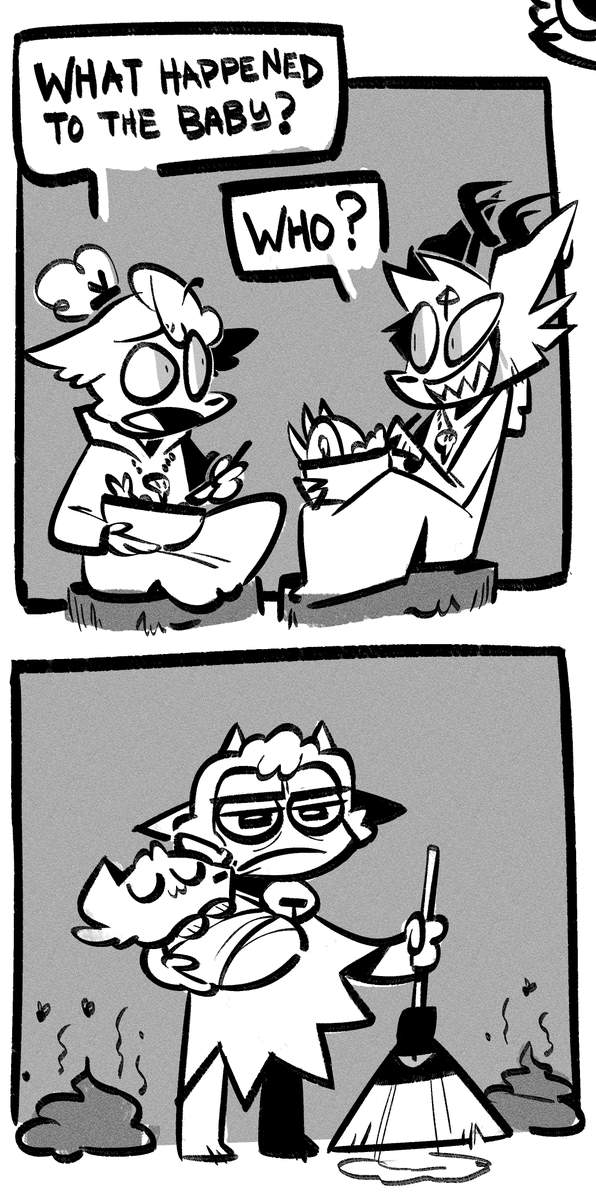 Bro COTL Core and Alastor just had a baby and it looks just like him?? like ear tufts and all and its just so HJSGFJSHGFslk 🥺
anyway here's them being horrible parents cuz ofc they are