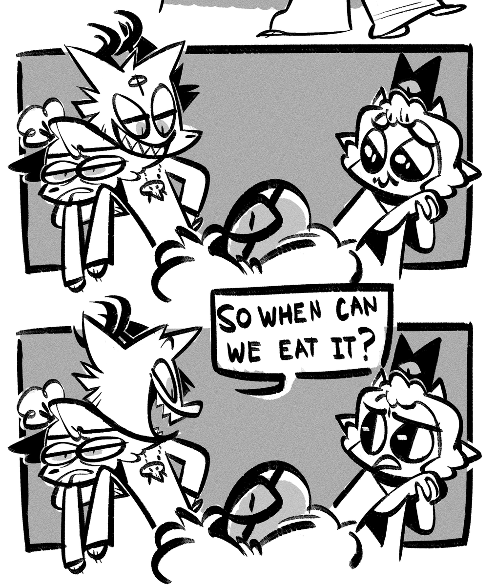 Bro COTL Core and Alastor just had a baby and it looks just like him?? like ear tufts and all and its just so HJSGFJSHGFslk 🥺
anyway here's them being horrible parents cuz ofc they are