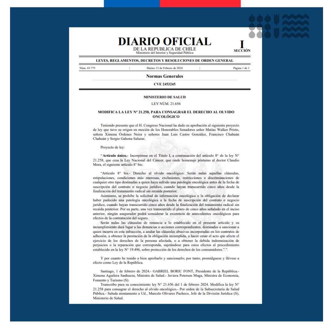 📰Publicado en Diario Oficial la Ley N°21.656 que modifica la Ley N° 21.258, para consagrar el derecho al olvido oncológico.

📌Lee el documento completo diariooficial.interior.gob.cl/publicaciones/…