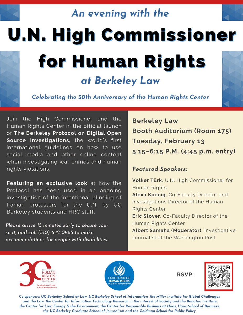 TODAY! Join us at 5:15 P.M. at <a href="/BerkeleyLaw/">UC Berkeley Law</a>'s Booth Auditorium for a special event with <a href="/UNHumanRights/">UN Human Rights</a> High Commissioner <a href="/volker_turk/">Volker Türk</a>, celebrating the launch of the #BerkeleyProtocol and the 30th anniversary of <a href="/hrcberkeley/">Human Rights Center</a>! Arrive 15 mins early to secure your seat.