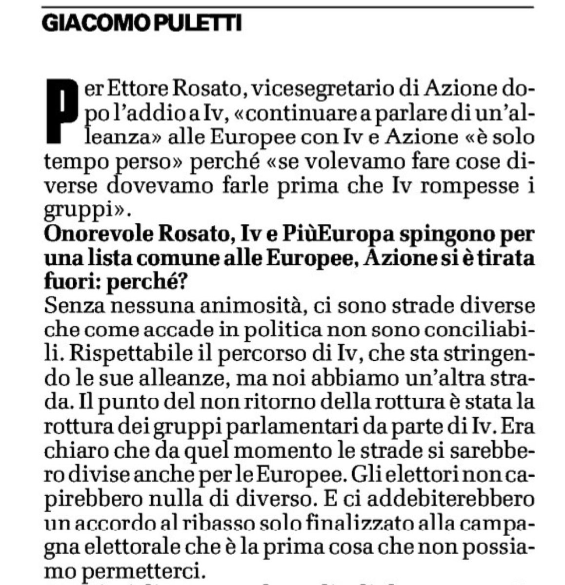 Mosquitas77's tweet photo. Rosato oggi in una intervista al #IlDubbio dice che il punto di non ritorno è stata la rottura dei gruppi parlamentari.
Gli elettori non capirebbe e ci addebiterebbero un accordo al ribasso solo finalizzato alle europee. Quindi è solo una perdita di tempo.
Mi meraviglia che proprio Rosato sottovaluti l’importanza di queste elezioni europee.
Mai come adesso bisogna far fronte unico per arginare l’avanzata delle destre in Europa.
Peraltro non sarebbe la ricomposizione del Terzo Polo, ma un’alleanza di “scopo” anche con +Europa, per evitare di dare l’Europa in mano ai conservatori-sovranisti-nazionalisti.
Da qui la proposta della Bonino.
Allora mi chiedo visto che usa il solito leitmotiv nell’addossare le colpe a IV, cosa ha fatto lui perché questa rottura non ci fosse; cosa ha fatto per far smettere le continue pesanti offese nei confronti di Renzi e di IV, da parte di quel “signore…” fino a rinnegare il programma con cui si era stati eletti?
Tutto questo quando ancora si era nello stesso gruppo.
Mai una voce si é alzata in difesa di quello che allora era ancora il suo partito.
Anzi, visto che poi é passato dall’altra parte, ne conseguo che ne condividesse i toni.
Ecco, questo si, restare nello stesso gruppo, sarebbe stato incomprensibili alla nostra comunità.
Italia Viva, vera europeista, nonostante la gravità degl’insulti ha sempre tenuto le porte aperte.
Il futuro dell’Europa con i cambiamenti oggi necessari, viene prima dei personalismi.
Bisogna impedire che finisca in mano a degli sfascisti e per questo ci vogliono i voti, non i veti.
Non ci sono le condizioni?
Ognuno si prenderà le proprie responsabilità.
@ItaliaViva con il suo leader @matteorenzi andranno avanti comunque, anche DA SOLI! 🍀