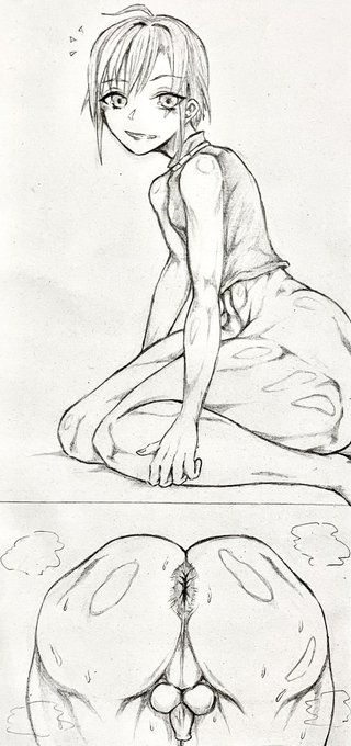 下半身がムッチムチなryusnこと緑
個人的には緑は男女どっちでもイケる派なんですが、今回参考にした方が男のエロい絵を描く方だったので男にしました(参考にしたのはnepinepiさん!)
相変わらず紙に直撮りなので汚いけどゆるして 