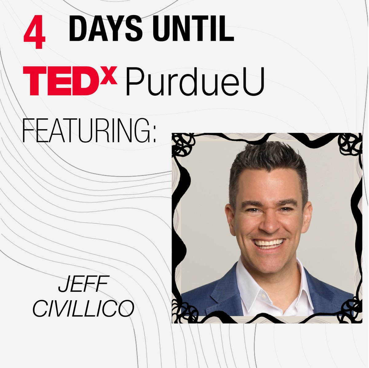 TEDxPurdueU (@tedxpurdueu) on Twitter photo 7 Speakers. 7 TEDxPurdueU Talks. This Saturday, 12:00 pm at Loeb Playhouse.
Coming onto TEDxPurdueU’s stage is Jeff Civillico, who will reveal how to be an everyday influencer. 7 Speakers. 7 TEDxPurdueU Talks. This Saturday, 12:00 pm at Loeb Playhouse.
Coming onto TEDxPurdueU’s stage is Jeff Civillico, who will reveal how to be an everyday influencer.
