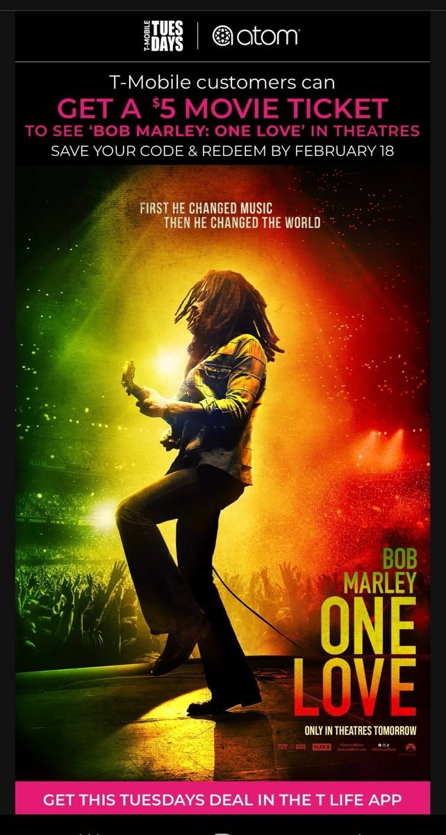 SkeeboApe's tweet photo. #BobMarleyMovie tickets only $5 for #Tmobile customers! 

Take advantage of this deal and head to the Theaters! 

#OneLove #atAMC 
#AMCTheatres https://t.co/FFVKRdxVxy