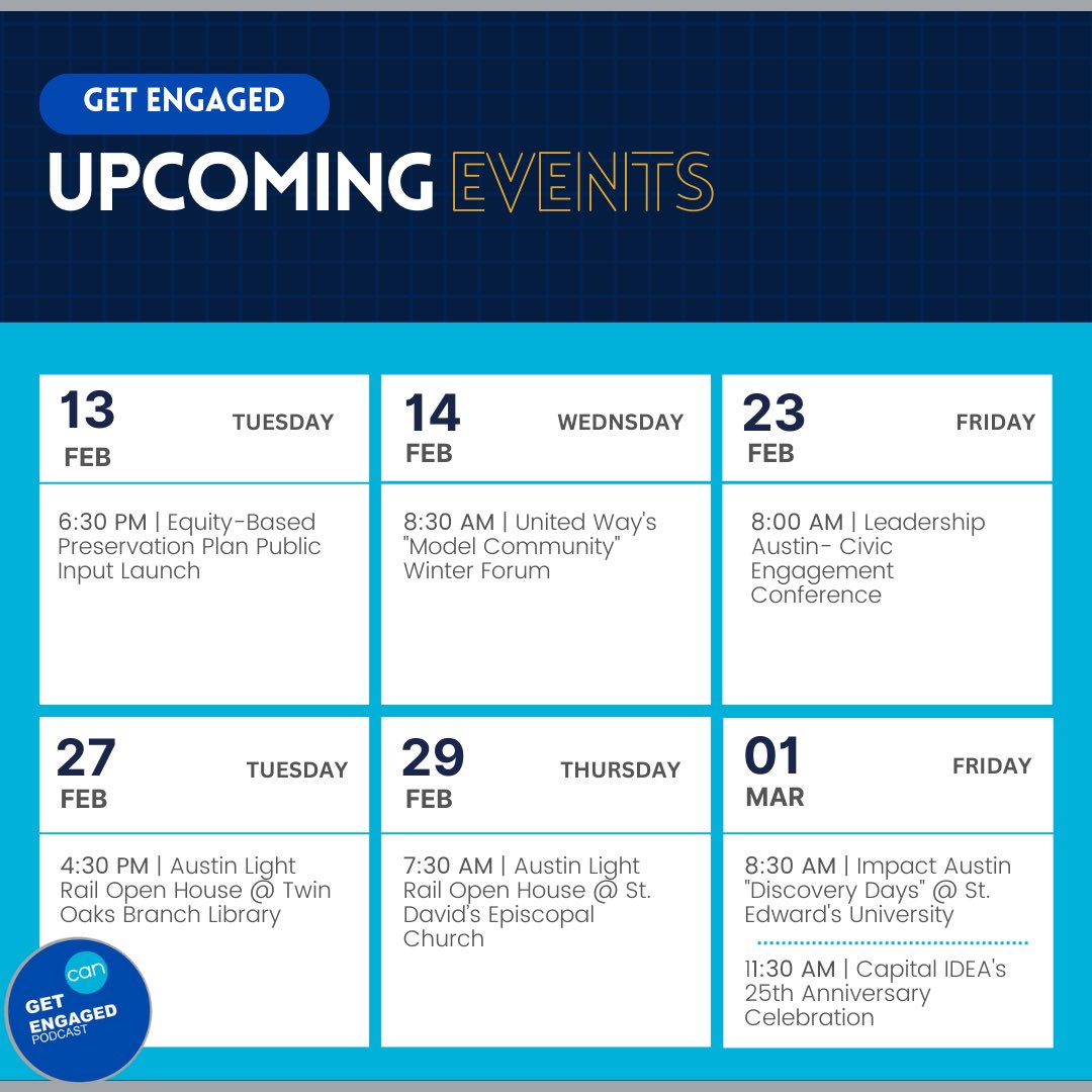 Here are some great ways to get engaged with the community from February 13th to March 1st ! To listen to the podcast, subscribe, or view the full community calendar visit canatx.org/podcasts/