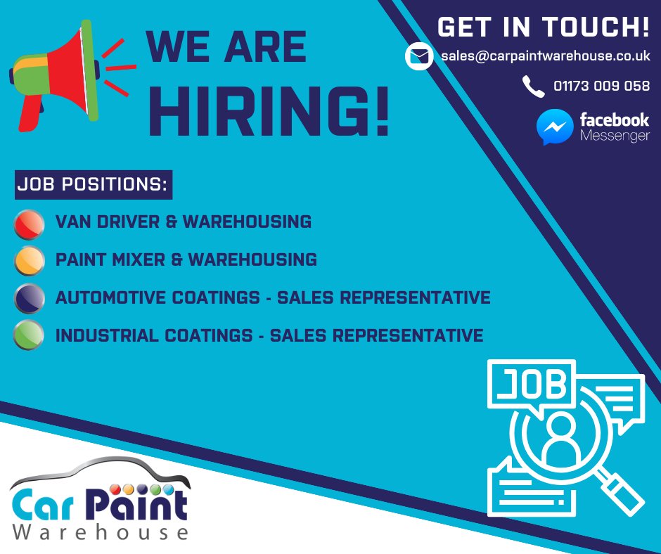 We're hiring! 

Many roles available, each out to find out more.

• Van driver, paint mixing &amp; warehouse assistant.
• Paint mixing, warehouse assistant.
• Automotive &amp; industrial coatings sales representative Bristol, Swindon &amp; surrounding areas

carpaintwarehouse.co.uk/work-for-us