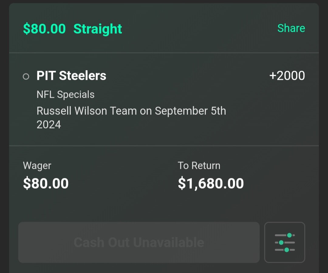 UncutGambitGems's tweet photo. For Russell Wilson's next team for the 2024 NFL season, the Pittsburg Steelers (+2000) feel like a great landing spot, as a veteran QB that Mike Tomlin can lean on as starter to get ball to George Pickens and others, if Kenny Pickett struggles.

#gambitgemfutures
#gamblingtwitter https://t.co/yn7l3ZGRaQ