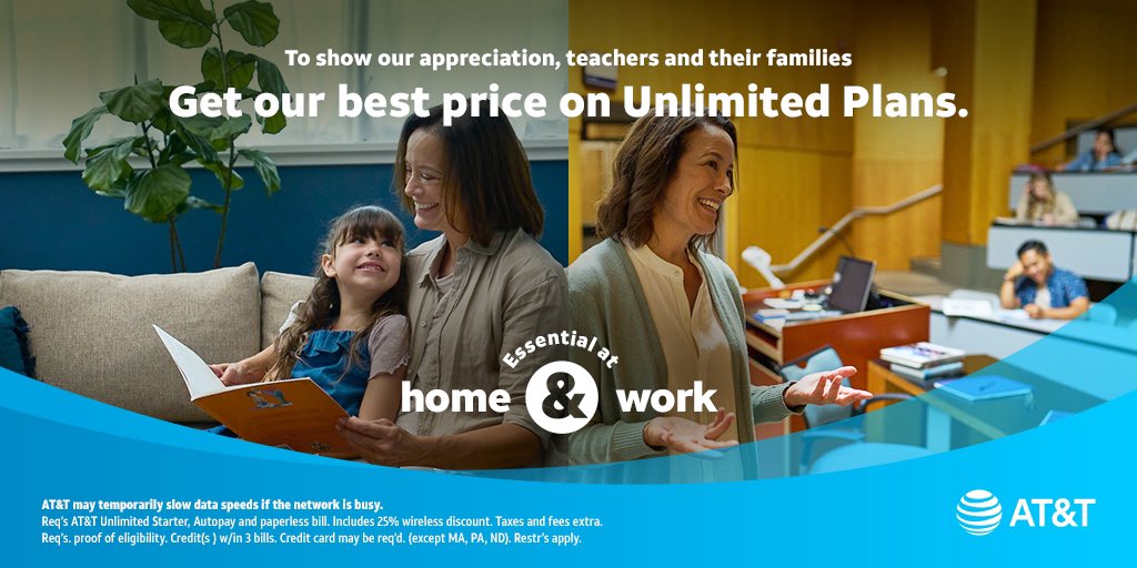 We're thanking teachers and their families with our best deal on unlimited. Stop by your local @att location to learn how to get 25% off our best Unlimited Plans! att.com/stores 

#ATTemployee #BOLDNorthernPlains #teacher #educator #discount #deal #deals