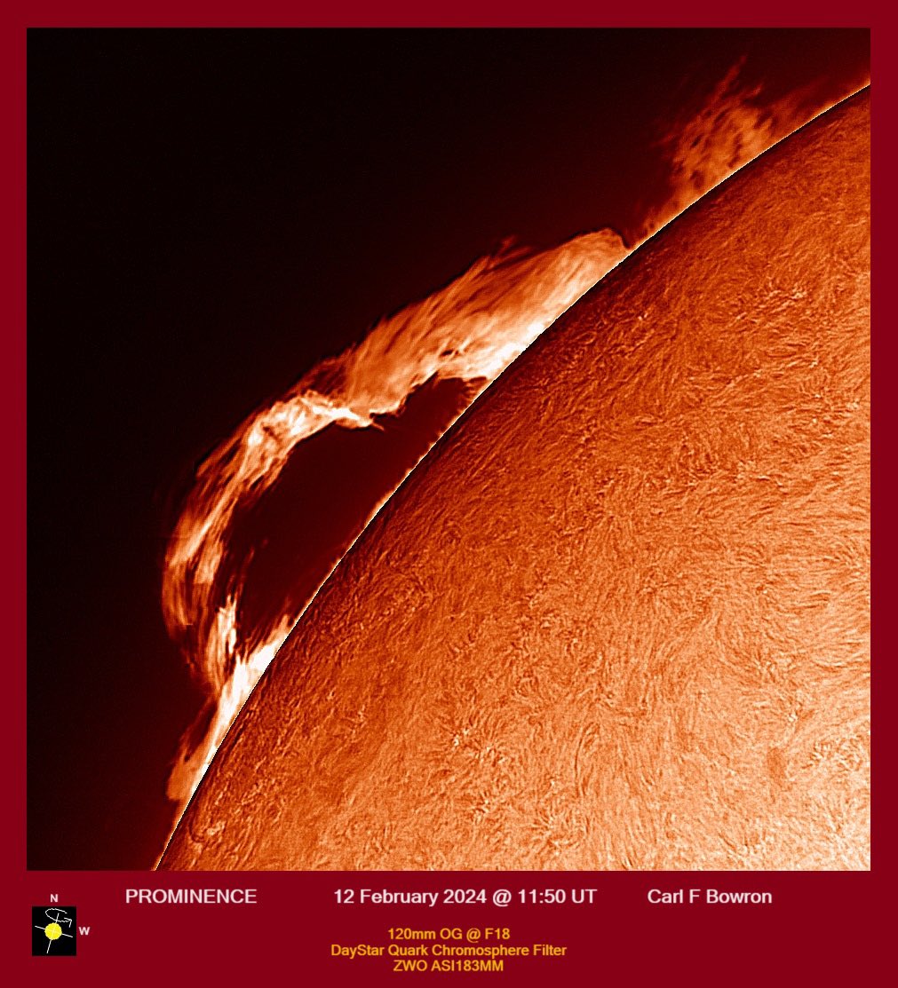 Here’s another image of yesterday’s superb prominence. Image by Carl Bowron