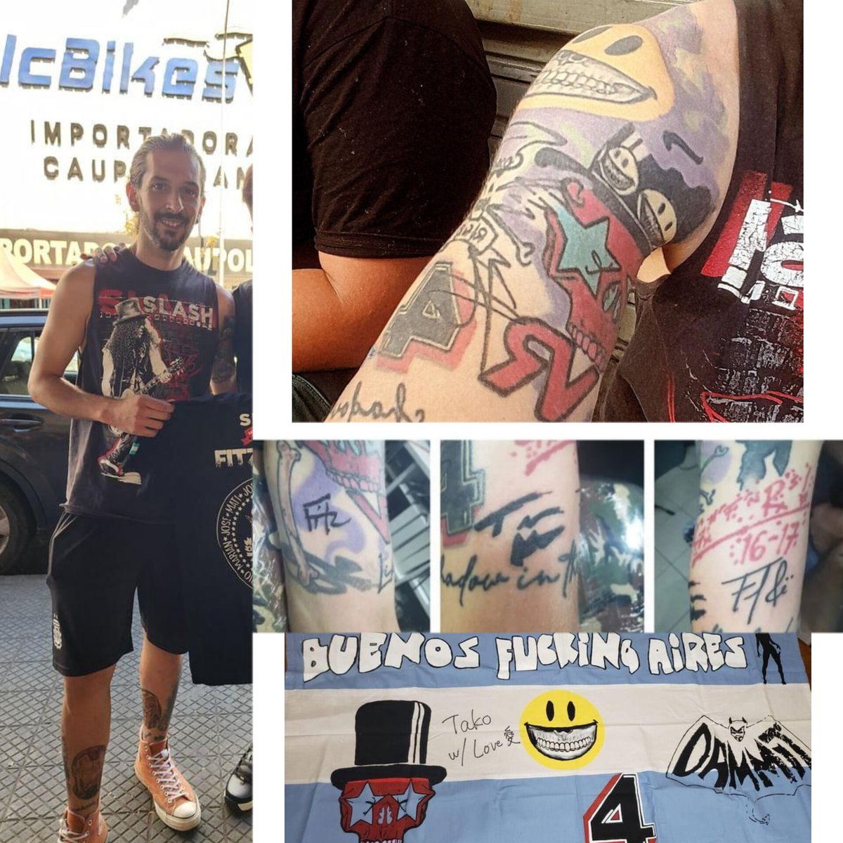 SlashFansPage's tweet photo. #Slashfans Rodrido de Buenos aires.
Me cuenta que viajo a chile después del show en 🇦🇷 para ver el último show de #smkc en Latinoamerica. 
Su sueño hace años es conocer a @Slash y que le firme el brazo solo le falta la de el. ✨️ 
Se cumplirá? 🤩

IG: tidus.collector🎩🎸 https://t.co/B3zctuWhQj