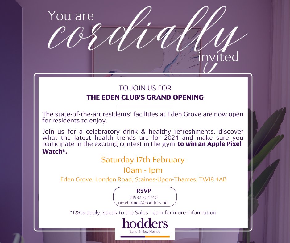 Join us on Saturday, February 17th from 10am until 1pm, for a VIP event at Eden Grove and get a chance to win an Apple Pixel Watch*. Discover more today, with this modern way of living. DM or call us on 01932 504740 for more details and to book your slot.. #property *T&Cs apply