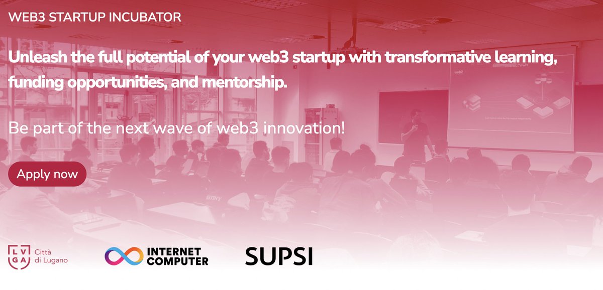 Introducing the Web3 Startup Incubator, launched in partnership with the City of Lugano🇨🇭

It offers an opportunity to transform entrepreneurial ideas into impactful solutions leveraging the power of #ICP

Supported by @supsi_ch & @icp_italia
Learn more 👉 web3.lugano.ch
