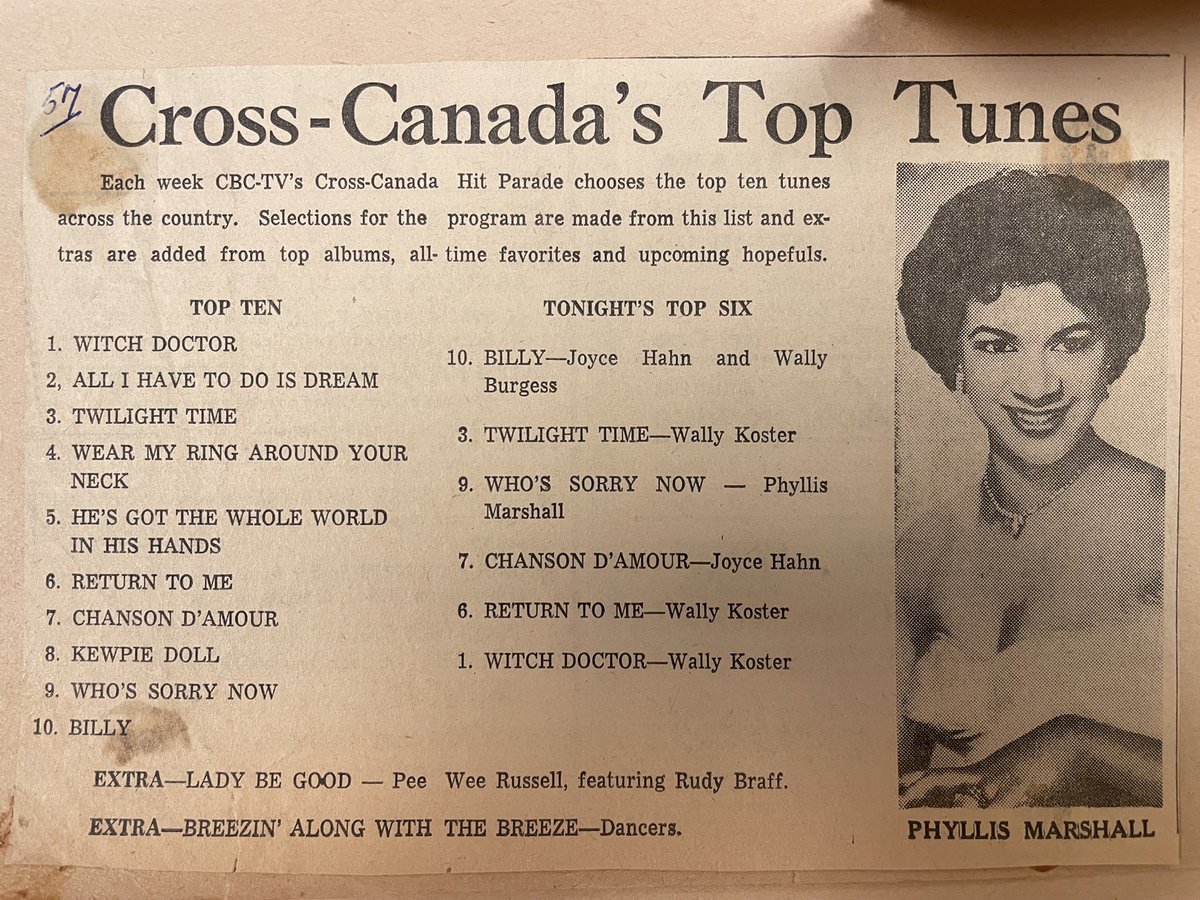 Happy #WorldRadioDay! Phyllis Marshall jazzed up Canada's music scene as an early @cbcradio performer. We're currently processing a recent donation of her scrapbook, which features this clipping showing her song 'Who's Sorry Now' among the country's top tunes in the 1950s.