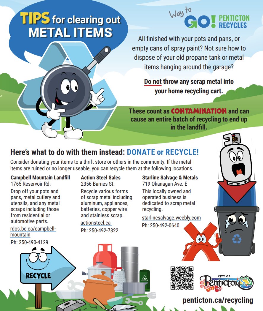 Reminder! Do not place metal items into your home recycling carts. This includes: ◾ Pots and pans ◾ Propane tanks ◾ Scrap metal ◾ Metal items from residential or automotive parts Here's how to dispose of them in Penticton: penticton.ca/city-hall/news…