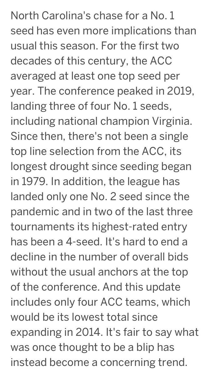 andreweatherman's tweet image. What Joe Lunardi won’t tell you in this snippet is that over the past three tournaments, where the ACC had no one-seeds, the conference has:

- 6 Sweet 16 appearances (T-2nd)
- 4 Elite 8 appearances (T-1st)
- 3 Final Four appearances (1st)
- 6.2 wins over KenPom expectation (1st)…