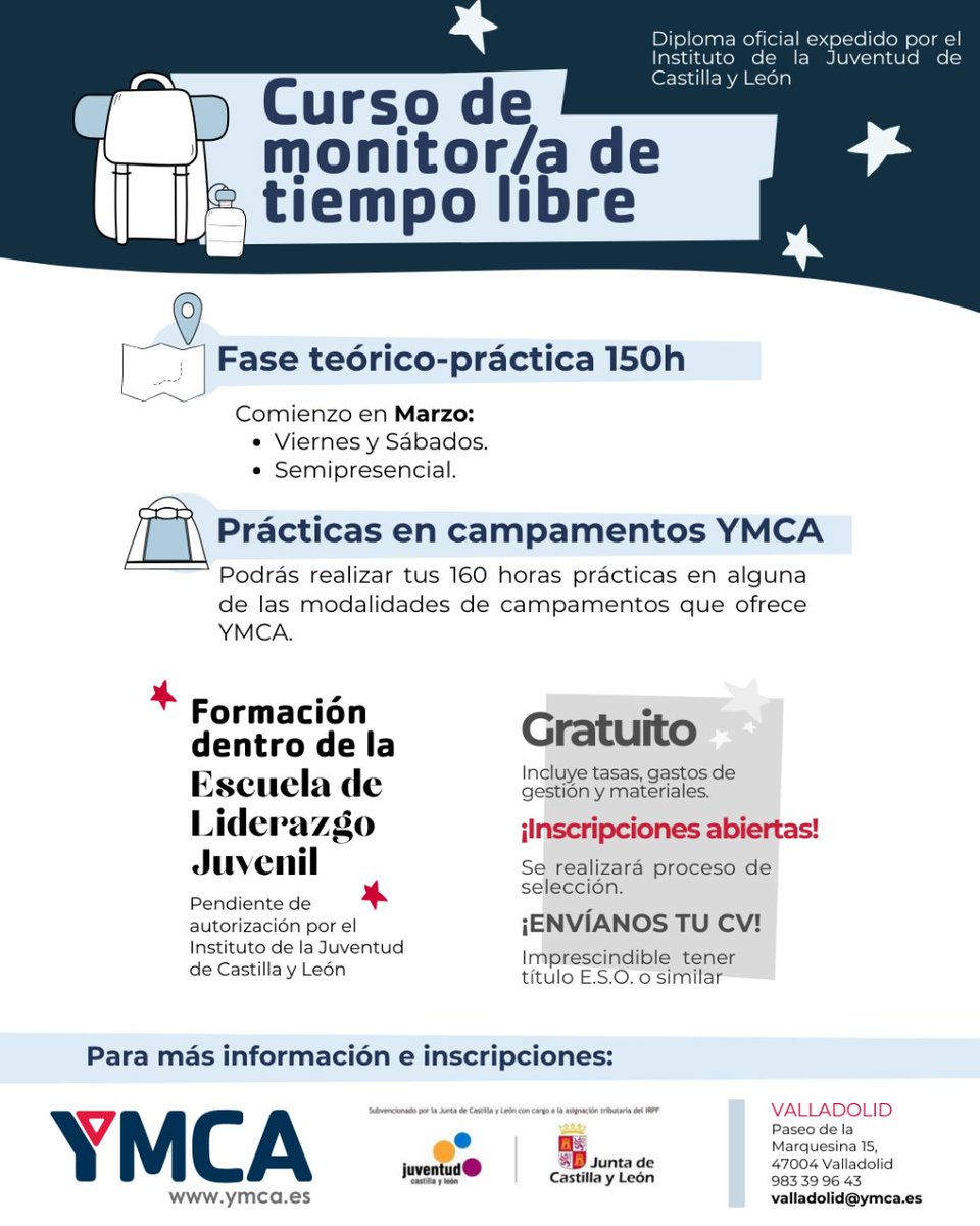 ymca_esp's tweet photo. ¡Empieza la #EscueladeLiderazgo de Valladolid! 💪✨
No pierdas la oportunidad de realizar nuestro Curso de #monitor de ocio y tiempo libre gratuito, envía tu CV a valladolid@ymca.es. 📤⏳
#cursodemonitor #ymcaespaña https://t.co/kea0Ig5aQT