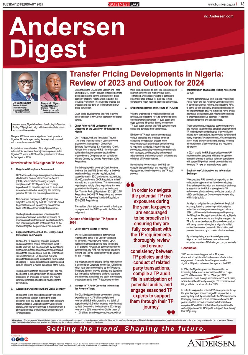 AndersenNigeria's tweet image. We are pleased to share our latest Publication, ‘Transfer Pricing Developments in Nigeria: Review of 2023 and Outlook for 2024&apos; by  Josh Bamfo, Ph.D. , Partner &amp;amp; Head and Benjamin Oyom, Assistant Manager, Transfer Pricing Group

ng.andersen.com/transfer-prici…

#TransferPricingNigeria