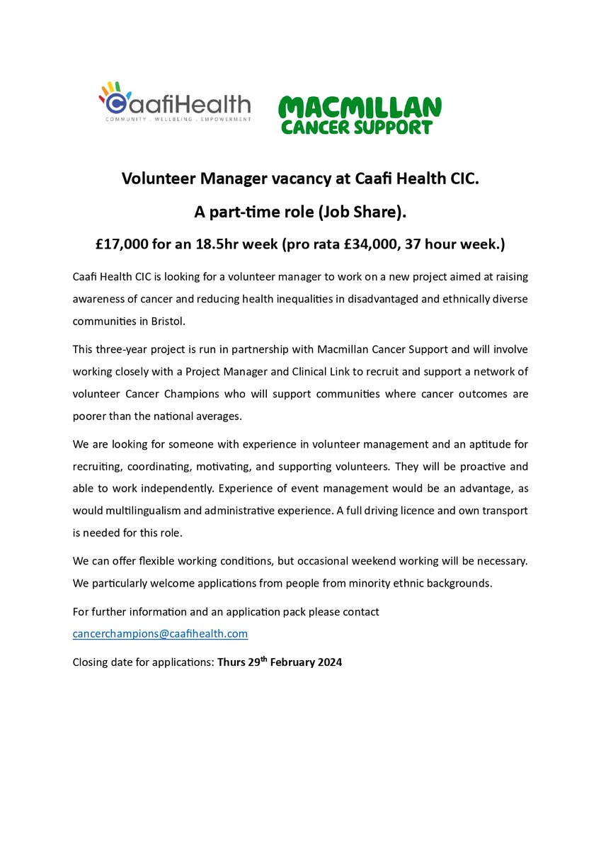 We have a job opening for the position of Volunteer Manager (Part-time). caafihealth.org.uk/jobs
