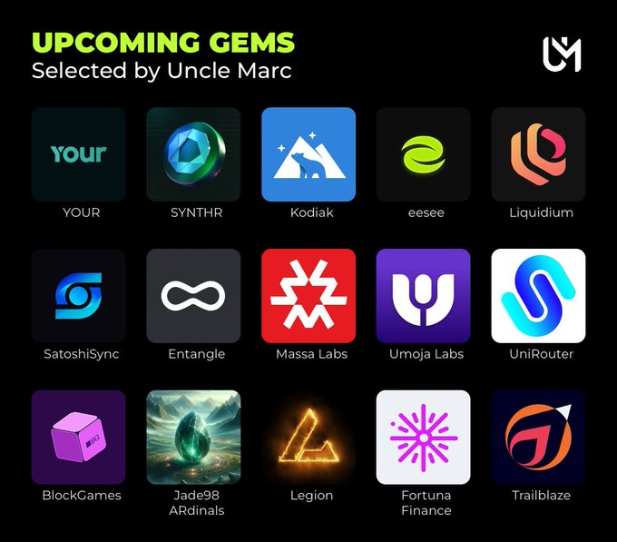 cryptobrax's tweet photo. Just can't miss these upcoming gems! 

Trailblaze #Trailblazexyz
YOUR #yourtokens
SYNTHR #synthr_defi
Kodiak #KodiakFi
eesee #eesee_io
Liquidium #LiquidiumFi
SatoshiSync #SatoshiSync
Entangle #Entanglefi
Massa #MassaLabs
Umoja #UmojaLabs
UniRouter #UniRouterBTC
BlockGames #GetBlockGames
Jade98 #jade_ordinals
Legion #Legion_Ventures
Fortuna Finance #fortunafi_io

courtesy to Uncle Marc