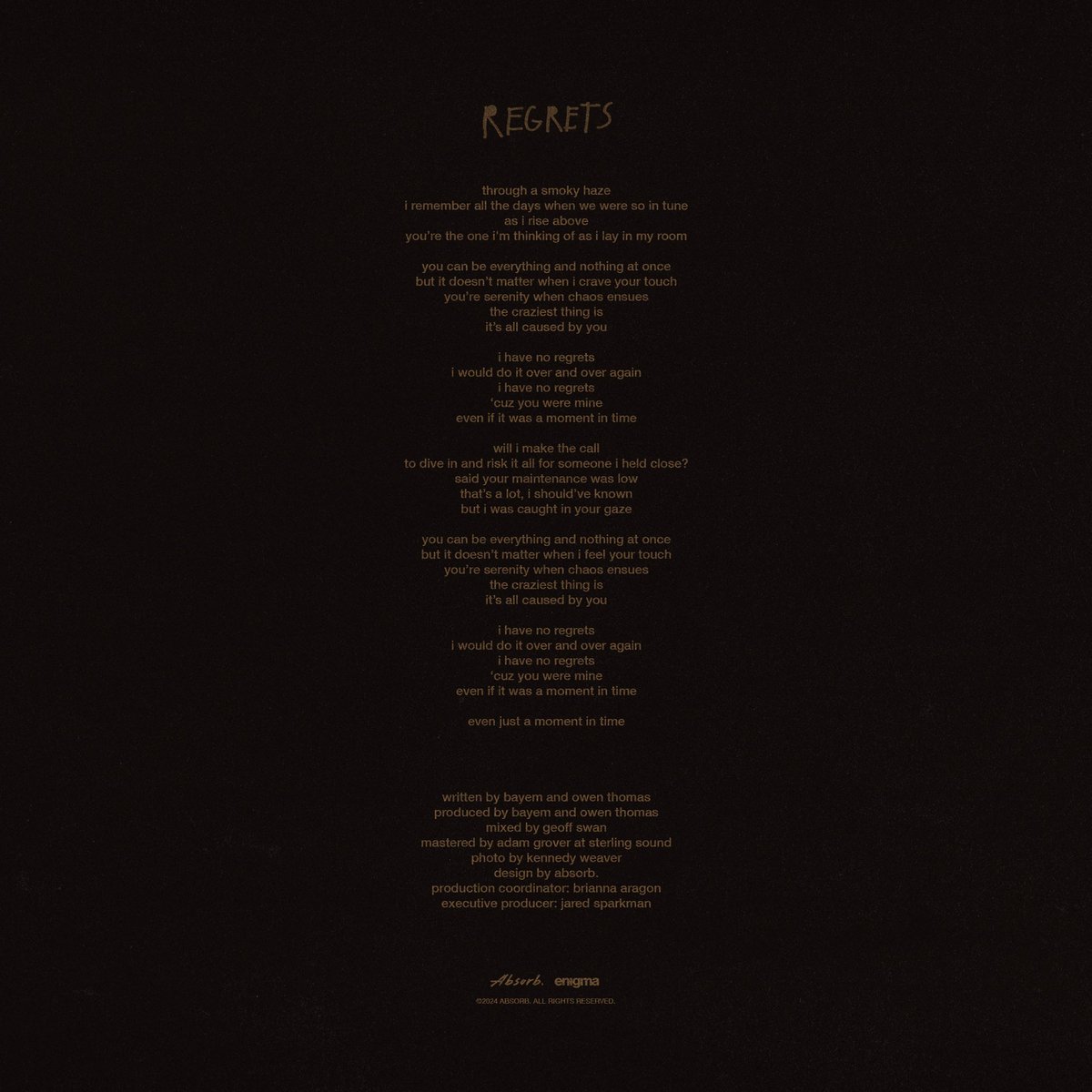 REGRETS out everywhere now. this is a special one, came from a really raw and grateful place. hope u like it 
linktr.ee/iambayem