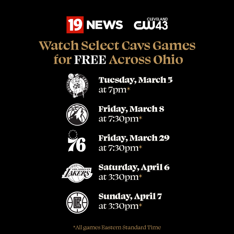 cavs's tweet photo. Hey Cavs Fans! Five upcoming Cavs games will be available on WUAB Channel 43 across Northeast Ohio and select markets across the state FOR FREE. 

LEARN MORE: https://t.co/uARurcwyLV