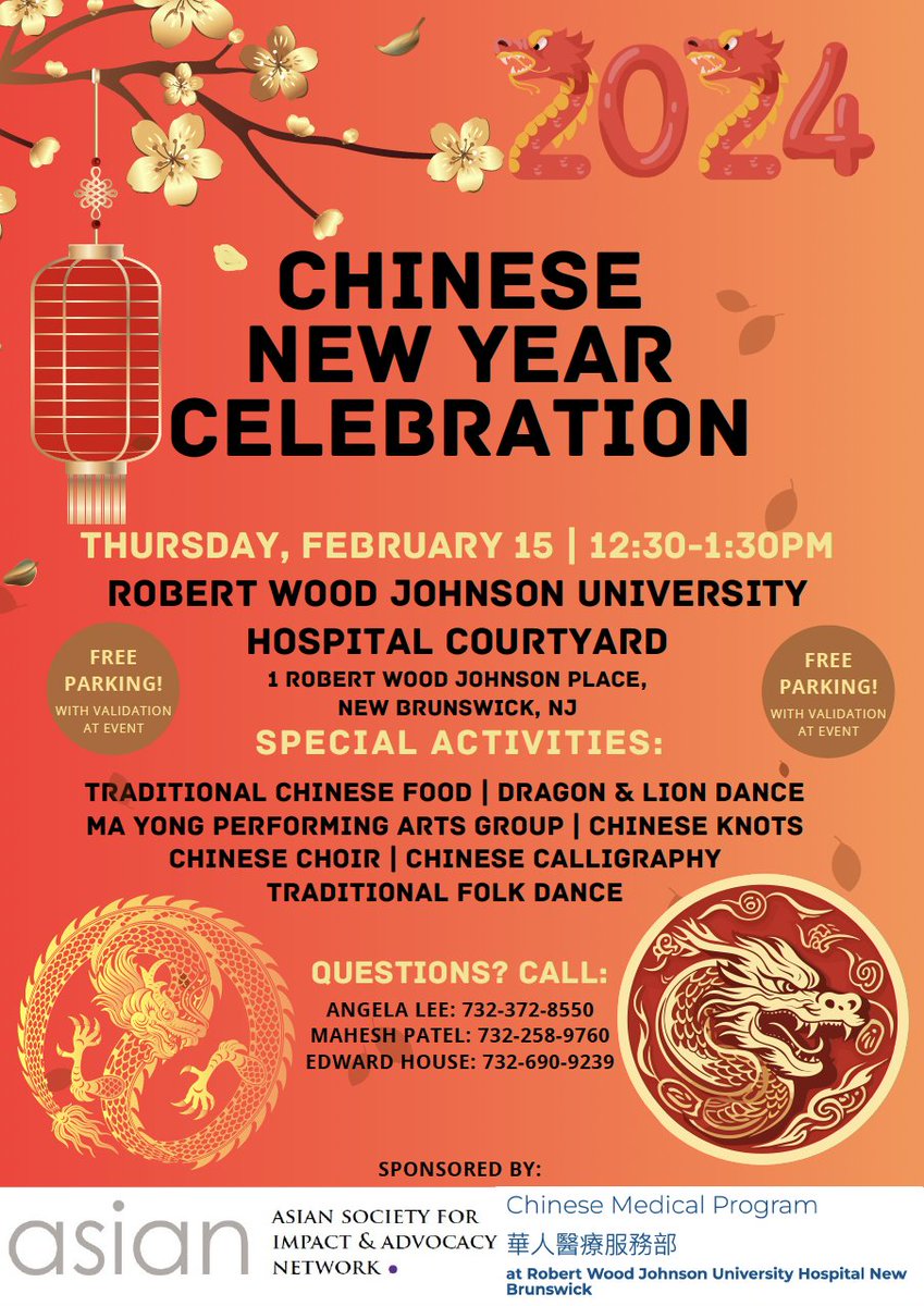 This Thursday, Feb. 15, @RWJUH Chinese Medical Program is hosting a #ChineseNewYear celebration in New Brunswick. Join the event for activities including dances, performances and crafts!